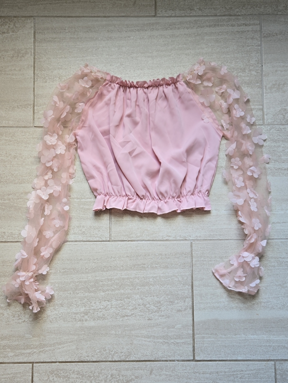 Sheer Pink Floral-Applique Crop Blouse with Elastic Waist